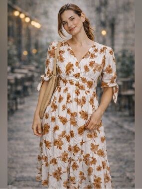 Altar'd State Cream Midi Dress with Brown Floral Print and Tie Sleeves